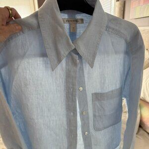 Banana Republic Blue Linen Blouse, Pointy Collar, Cropped, Long Cuffs, XS